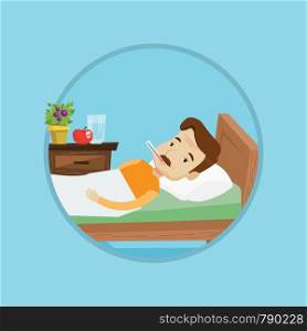 Caucasian sick man with fever laying in bed. Sick man measuring temperature with thermometer. Sick man suffering from cold or flu. Vector flat design illustration in the circle isolated on background.. Sick man with thermometer laying in bed.