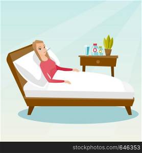Caucasian sick woman with fever laying in bed. Sick woman measuring temperature with thermometer in mouth. Sick woman suffering from cold or flu virus. Vector flat design illustration. Square layout.. Sick woman with thermometer laying in bed.