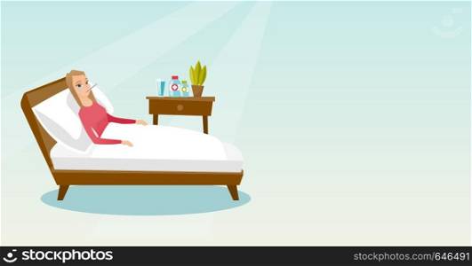 Caucasian sick woman with fever laying in bed. Sick woman measuring temperature with thermometer in mouth. Sick woman suffering from flu virus. Vector flat design illustration. Horizontal layout.. Sick woman with thermometer laying in bed.