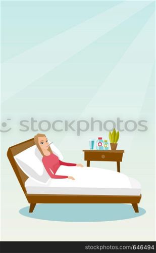 Caucasian sick woman with fever laying in bed. Sick woman measuring temperature with thermometer in mouth. Sick woman suffering from cold or flu virus. Vector flat design illustration. Vertical layout. Sick woman with thermometer laying in bed.