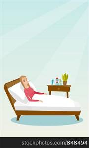 Caucasian sick woman with fever laying in bed. Sick woman measuring temperature with thermometer in mouth. Sick woman suffering from cold or flu virus. Vector flat design illustration. Vertical layout. Sick woman with thermometer laying in bed.