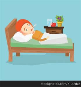 Caucasian sick woman with fever laying in bed. Sick woman measuring temperature with thermometer in mouth. Sick woman suffering from cold or flu virus. Vector flat design illustration. Square layout.. Sick woman with thermometer laying in bed.