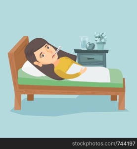 Caucasian sick woman with fever laying in bed. Sick woman measuring temperature with a thermometer in her mouth. Sick woman suffering from cold or flu virus. Vector cartoon illustration. Square layout. Sick woman with thermometer laying in bed.