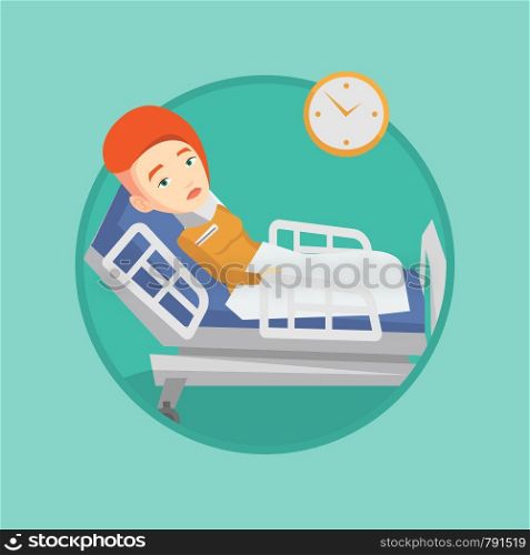 Caucasian sick woman with fever laying in bed. Sick woman measuring temperature with thermometer. Sick woman suffering from flu virus. Vector flat design illustration in circle isolated on background.. Woman with neck injury vector illustration.