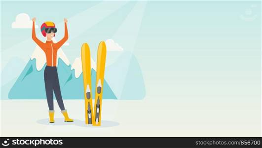 Caucasian skier standing with raised hands on the background of mountains. Young cheerful skier resting in the mountains during winter vacation. Vector flat design illustration. Horizontal layout.. Young caucasian skier standing with raised hands.