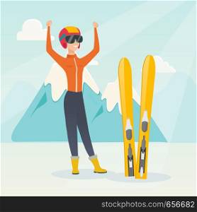 Caucasian skier standing with raised hands on the background of snowy mountains. Young cheerful skier resting in the mountains during winter vacation. Vector flat design illustration. Square layout.. Young caucasian skier standing with raised hands.