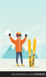 Caucasian skier standing with raised hands on the background of snowy mountains. Young cheerful skier resting in the mountains during winter vacation. Vector flat design illustration. Vertical layout.. Young caucasian skier standing with raised hands.