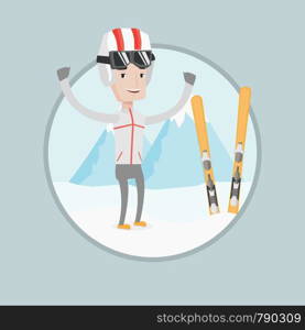 Caucasian skier standing with skis on the background of mountain. Young man skiing. Skier resting in mountains during sunny day. Vector flat design illustration in the circle isolated on background.. Cheerful skier standing with raised hands.
