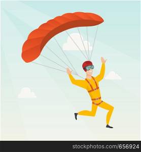 Caucasian skydiver flying with a parachute. Young happy skydiver descending with a parachute in the sky. Sport and leisure activity concept. Vector flat design illustration. Square layout.. Young caucasian skydiver flying with a parachute.