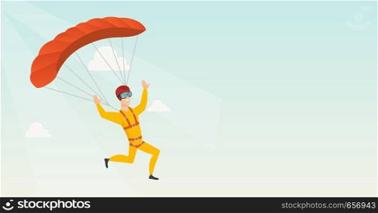 Caucasian skydiver flying with a parachute. Young happy skydiver descending with a parachute in the sky. Sport and leisure activity concept. Vector flat design illustration. Horizontal layout.. Young caucasian skydiver flying with a parachute.