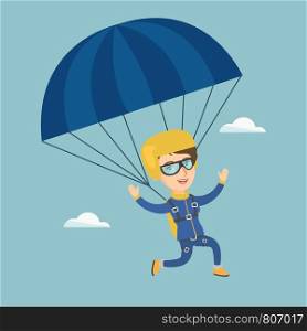 Caucasian skydiver flying with a parachute. Young happy skydiver descending with a parachute in the sky. Sport and leisure activity concept. Vector cartoon illustration. Square layout.. Young caucasian skydiver flying with a parachute.