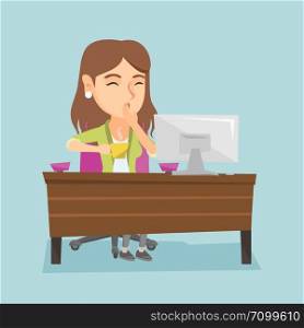 Caucasian sleepy tired office worker holding a cup of coffee and yawning while working in office. Young office worker yawning and drinking coffee at work. Vector cartoon illustration. Square layout.. Young caucasian tired office worker yawning.