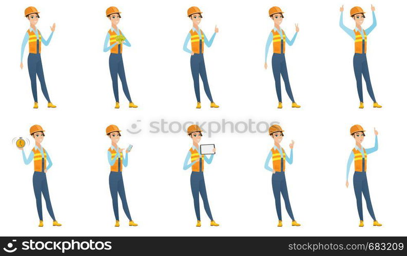 Caucasian smiling builder in hard hat showing ok sign. Young cheerful builder making ok sign. Successful builder gesturing ok sign. Set of vector flat design illustrations isolated on white background. Vector set of builder characters.