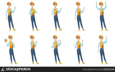 Caucasian smiling builder in hard hat showing ok sign. Young cheerful builder making ok sign. Successful builder gesturing ok sign. Set of vector flat design illustrations isolated on white background. Vector set of builder characters.