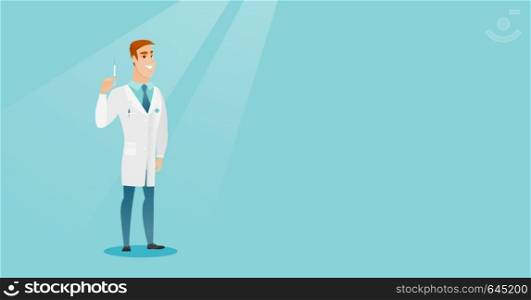 Caucasian smiling doctor holding a medical injection syringe. Young doctor standing with a syringe. Doctor holding a syringe ready for injection. Vector flat design illustration. Horizontal layout.. Doctor holding syringe vector illustration.