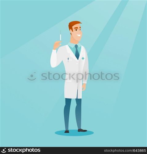 Caucasian smiling doctor holding a medical injection syringe. Young happy doctor standing with a syringe. Doctor holding a syringe ready for injection. Vector flat design illustration. Square layout.. Doctor holding syringe vector illustration.
