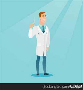 Caucasian smiling doctor holding a medical injection syringe. Young happy doctor standing with a syringe. Doctor holding a syringe ready for injection. Vector flat design illustration. Square layout.. Doctor holding syringe vector illustration.