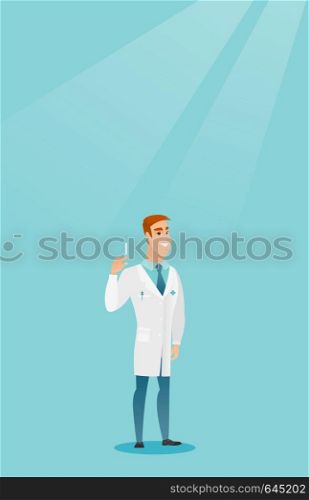 Caucasian smiling doctor holding a medical injection syringe. Young happy doctor standing with a syringe. Doctor holding a syringe ready for injection. Vector flat design illustration. Vertical layout. Doctor holding syringe vector illustration.