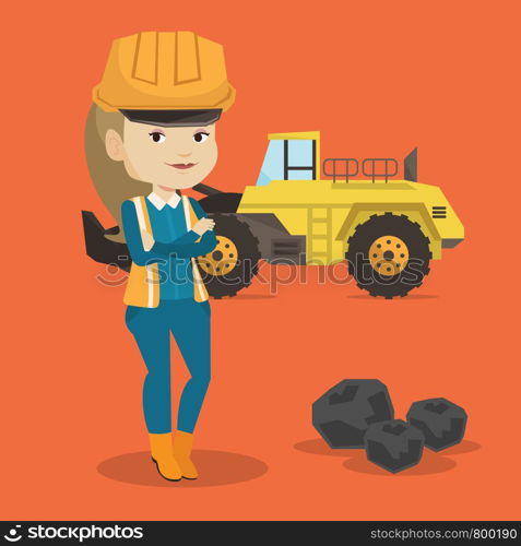 Caucasian smiling female miner in hard hat standing on the background of a big excavator. Confident female miner with crossed arms standing near coal. Vector flat design illustration. Square layout.. Miner with a big excavator on background.