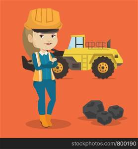 Caucasian smiling female miner in hard hat standing on the background of a big excavator. Confident female miner with crossed arms standing near coal. Vector flat design illustration. Square layout.. Miner with a big excavator on background.