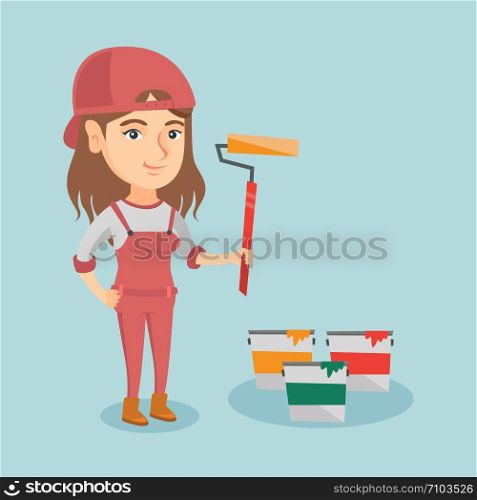 Caucasian smiling female painter in uniform holding a paint roller in hand. Young cheerful house painter standing near paint cans. Vector cartoon illustration. Square layout.. Young caucasian painter holding a paint roller.