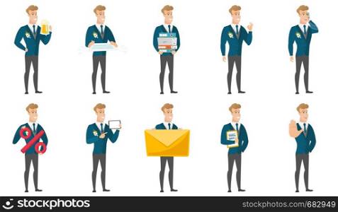 Caucasian smiling groom showing an ok sign. Young cheerful groom making an ok sign. Successful happy groom gesturing an ok sign. Set of vector flat design illustrations isolated on white background.. Vector set of illustrations with groom character.