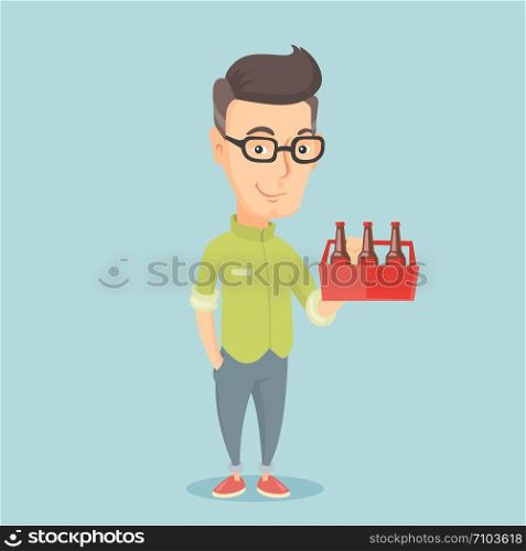 Caucasian smiling man buying beer. Happy man holding pack of beer. Full length of cheerful man carrying a six pack of beer. Vector flat design illustration. Square layout.. Man with pack of beer vector illustration.