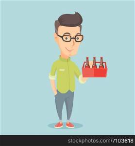 Caucasian smiling man buying beer. Happy man holding pack of beer. Full length of cheerful man carrying a six pack of beer. Vector flat design illustration. Square layout.. Man with pack of beer vector illustration.