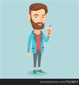 Caucasian smiling man holding cocktail glass with drinking straw. Joyful man drinking a cocktail. Young happy man celebrating with a cocktail. Vector flat design illustration. Square layout.. Man drinking cocktail vector illustration.