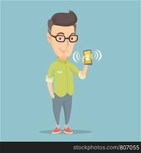 Caucasian smiling man holding ringing mobile phone. Happy man answering a phone call. Man standing with a ringing phone in hand. Vector flat design illustration. Square layout.. Man holding ringing mobile phone.