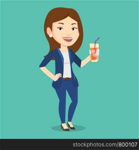 Caucasian smiling woman holding cocktail glass with drinking straw. Joyful woman drinking a cocktail. Young happy woman celebrating with a cocktail. Vector flat design illustration. Square layout.. Woman drinking cocktail vector illustration.