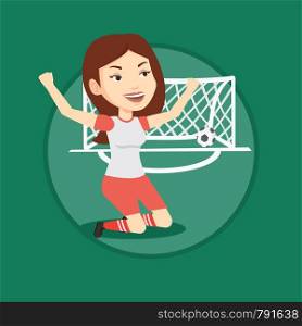 Caucasian soccer player celebrating scoring goal. Football player kneeling with raised arms on the background of gate with ball. Vector flat design illustration in the circle isolated on background.. Soccer player celebrating scoring goal.