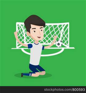 Caucasian soccer player celebrating scoring goal. Young football player kneeling with raised arms on the background of football gate with ball in it. Vector flat design illustration. Square layout.. Soccer player celebrating scoring goal.