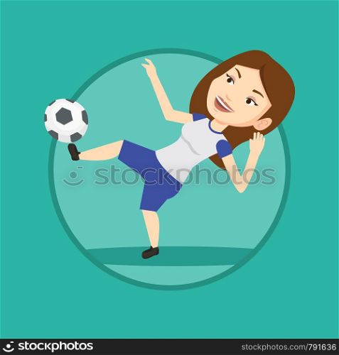 Caucasian soccer player kicking ball during game. Soccer player juggling with a ball. Football player playing with soccer ball. Vector flat design illustration in the circle isolated on background.. Soccer player kicking ball vector illustration.