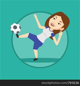 Caucasian soccer player kicking ball during game. Soccer player juggling with a ball. Football player playing with soccer ball. Vector flat design illustration in the circle isolated on background.. Soccer player kicking ball vector illustration.