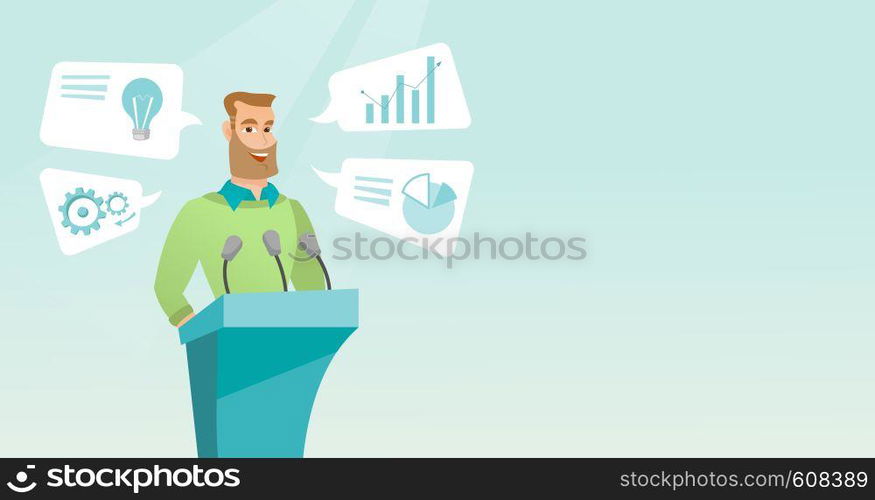 Caucasian speaker giving speech at podium with microphones at business conference. Smiling speaker giving a speech at podium at business seminar. Vector flat design illustration. Horizontal layout.. Businessman giving speech at business seminar.