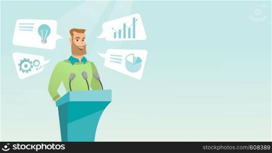 Caucasian speaker giving speech at podium with microphones at business conference. Smiling speaker giving a speech at podium at business seminar. Vector flat design illustration. Horizontal layout.. Businessman giving speech at business seminar.