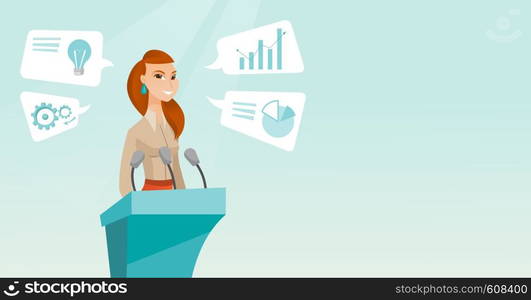 Caucasian speaker giving speech at podium with microphones at business conference. Smilig speaker giving a speech at podium at business seminar. Vector flat design illustration. Horizontal layout.. Business woman giving speech at business seminar.