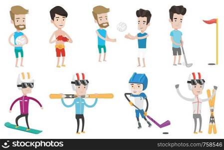 Caucasian sportsman holding volleyball ball in hands. Friends having fun while playing beach volleyball. Sportsman playing hockey. Set of vector flat design illustrations isolated on white background.. Vector set of sport characters.