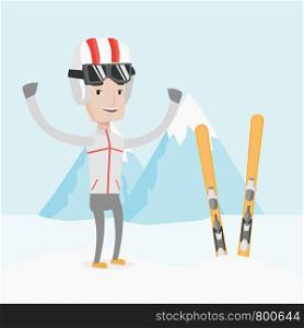 Caucasian sportsman standing with skis on the background of snowy mountains. Young man skiing. Cheerful skier resting in the mountains during sunny day. Vector flat design illustration. Square layout. Cheerful skier standing with raised hands.