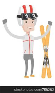 Caucasian sportsman standing with skis. Young man skiing. Cheerful skier with raised hands standing near skis. Skier resting in ski resort. Vector flat design illustration isolated on white background. Cheerful skier standing with raised hands.
