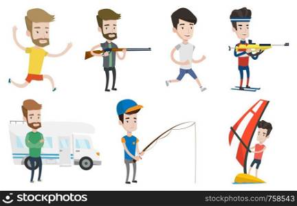 Caucasian sportsman taking part in ski biathlon competition. Biathlon runner aiming at the target. Biathlon shooter with a weapon. Set of vector flat design illustrations isolated on white background.. Vector set of sport characters.