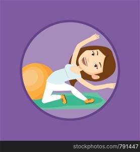 Caucasian sportswoman exercising in the gym. Sportswoman doing stretching on exercise mat. Sportswoman stretching before training. Vector flat design illustration in the circle isolated on background.. Young woman exercising with fitball.