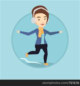 Caucasian sportswoman ice skating. Young smiling woman ice skating. Woman at skating rink. Female figure skater posing on skates. Vector flat design illustration in the circle isolated on background.. Woman ice skating vector illustration.