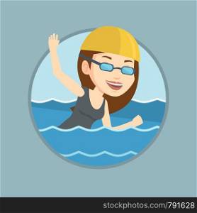 Caucasian sportswoman in cap and glasses swimming in pool. Female swimmer in swimming pool. Woman swimming forward crawl style. Vector flat design illustration in the circle isolated on background.. Woman swimming vector illustration.