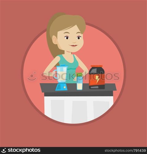 Caucasian sportswoman making protein shake using blender. Young woman preparing protein cocktail of bodybuilding food supplements. Vector flat design illustration in the circle isolated on background.. Young woman making protein cocktail.