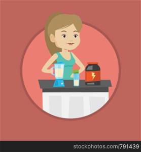 Caucasian sportswoman making protein shake using blender. Young woman preparing protein cocktail of bodybuilding food supplements. Vector flat design illustration in the circle isolated on background.. Young woman making protein cocktail.