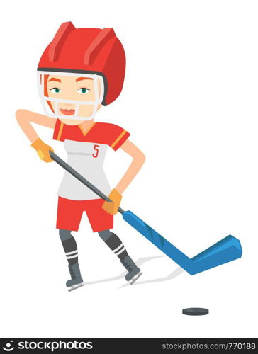 Caucasian sportswoman playing ice hockey. Ice hockey player in uniform skating on a rink. Female ice hockey player with a stick and puck. Vector flat design illustration isolated on white background.. Ice hockey player vector illustration.