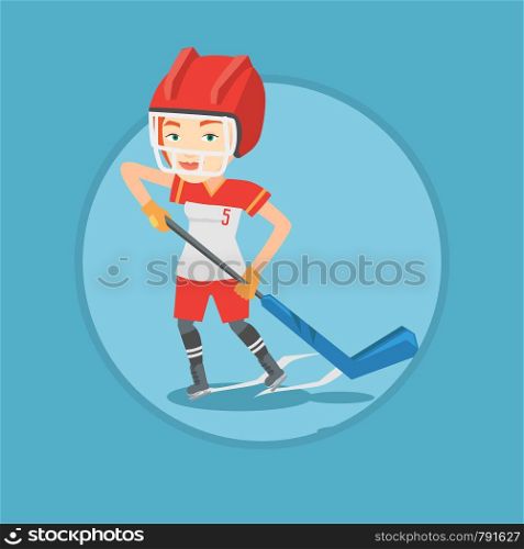 Caucasian sportswoman playing ice hockey. Ice hockey player in uniform skating on a rink. Ice hockey player with a stick and puck. Vector flat design illustration in the circle isolated on background.. Ice hockey player vector illustration.