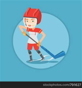 Caucasian sportswoman playing ice hockey. Ice hockey player in uniform skating on a rink. Ice hockey player with a stick and puck. Vector flat design illustration in the circle isolated on background.. Ice hockey player vector illustration.